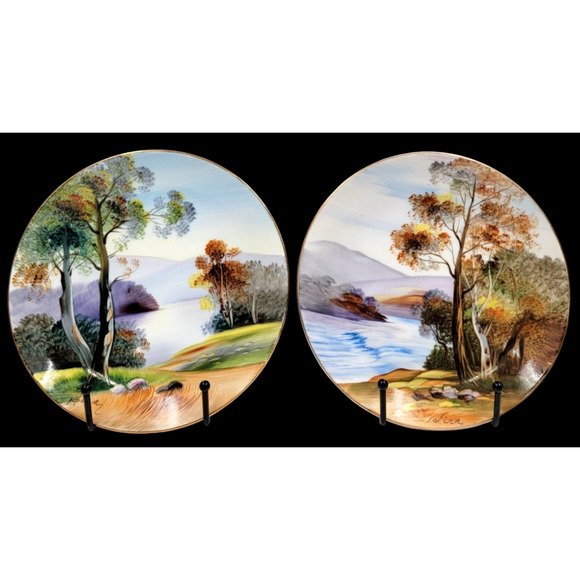 Two UCAGCO China Hand Painted Landscape Plates Gold Trim Japan 1950s Signed Art - Picture 3 of 10